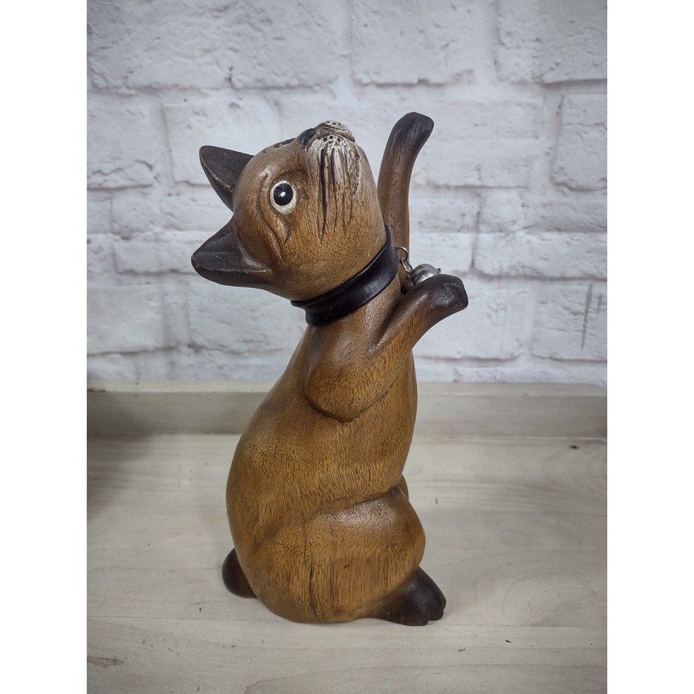 Cat Figurine Vtg Hand Carved Wood Cat Statue Leather Collar Bell Decor 10 Inches